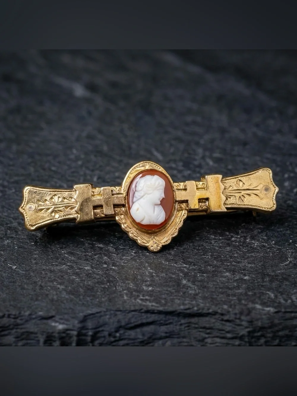 Antique Victorian 1880s 10k Rose Gold Filled Carnelian Cameo Bar Brooch
